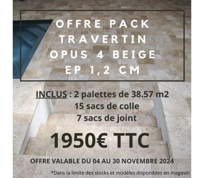 PACK 2 PALETTES TRAVERTIN OPUS 4 EP 1.2 CM BEIGE + COLLE ET JOINT